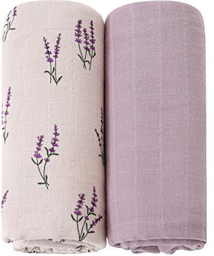 LifeTree Couverture pour Bébé | 100% Coton Biologique Lange 120x120 cm Musseline | Cadeau Parfait, Lavande & Mauve