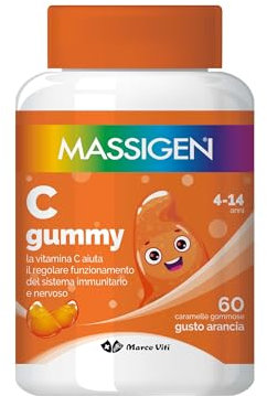 Massigen - C Gummy, 60 Caramelle da 3,3 g, Integratore Alimentare con Vitamina C, Vitamine Gommose per Bambini 4-14 Anni, Gusto Arancia, Ideale per Sistema Immunitario e Nervoso