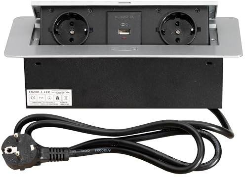 Brollux Einbausteckdose versenkbar 2fach mit USB/USBC Silber mit Softöffnung Aluminium Spritzguss 1,5m Anschlusskabel Steckdose