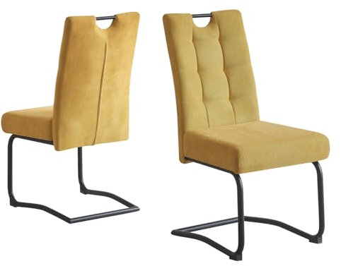 B&D home® Esszimmerstühle Sofia 2er Set – Freischwinger Schwingstuhl, gepolsterte Sitzschale mit Griff, Webstoff Gelb, Metallkufe schwarz, Retro-Industrial Design für Esszimmer, Küche & Büro