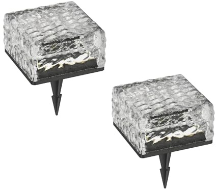 ledscom.de 2x LED Solar-Pflasterstein Bodeneinbauleuchte BROSLO mit Erdspieß für außen, Glas, 10 x 10cm, warmweiß