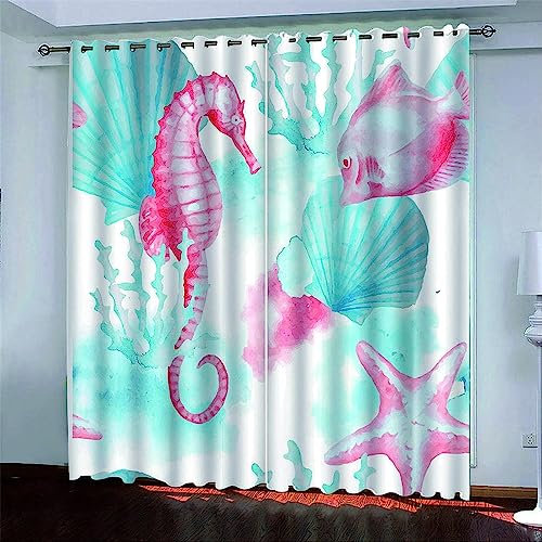 Verdunkelungsvorhänge Kräuselband Abstraktes Meereslebewesen Seepferdchen 280 X 250 cm (B X H) Set Kindergardinen Mädchen Verdunkelungsvorhänge Mit Ösen Blickdichter Kinderzimmer Schlafzimmer Vorhang