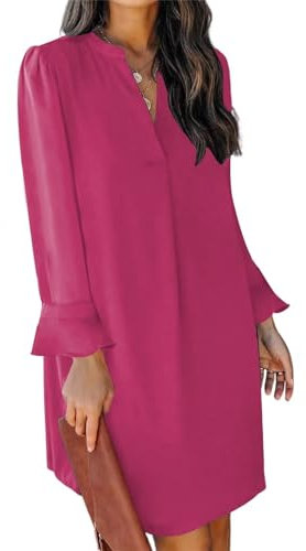 JOCAFIYE Damen V-Ausschnitt Rüschen Hemdkleid Einfarbige Casual Langarm Einfarbig Kleid Rose M