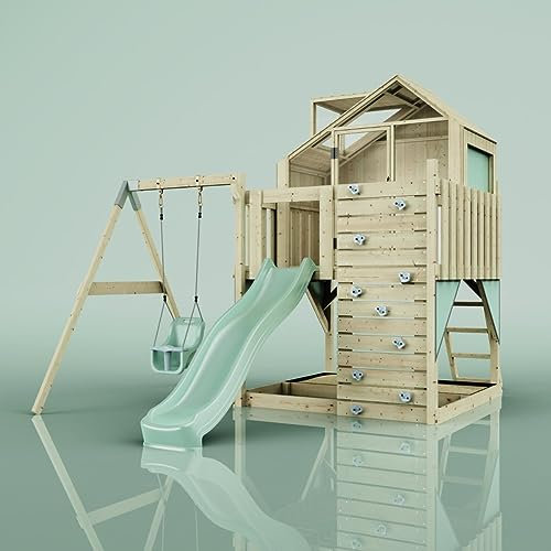 Rebo Spielturm mit Spielhaus inkl. Wellenrutsche und Kinder-Schaukel, Outdoor Klettergerüst Garten,Mintgrün