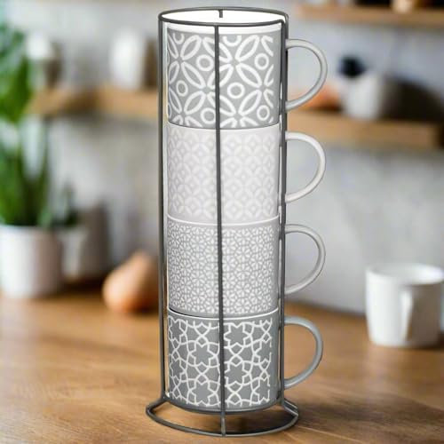 HOMELOX Jumbo Embossed Stacking Mug With Rack Hold to Your Kitchen 4pk Stacking Mugs