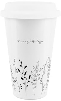 Running Late Coffee Ceramic Travel Mug - Foliage Pattern Reusable Silicone Lid Double-Walled Insulated Hot/Cold Drinks Tea Coffee Gift Mug
