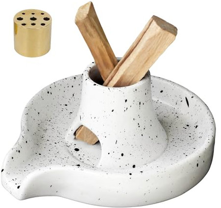 BEYLAB 3 in 1 Einzigartiges Design Räucherstäbchenhalter Keramik Räucherschale für jedes Räucherwerk, Räucherstäbchen, Palo Santo Halter, Weißer Salbei, Abnehmbares Messingset - Gesprenkelt Weiß