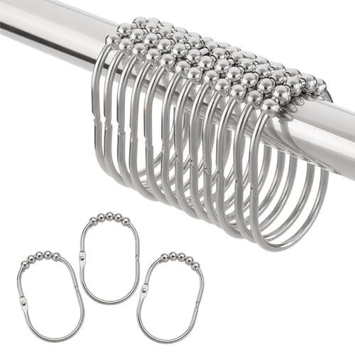 TopAAA Breites Duschvorhangring/Haken-Set, leicht gleitende Rollen, 100 % rostfreier Edelstahl, Set mit 12 Ringen für Duschstangen (ovale Form, poliertes Chrom)