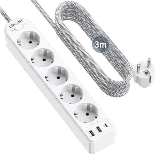 LENCENT 8 En 1 Regleta Enchufes de 5 Tomas Corrientes y 2 USB-A y 1 USB-C, 4000W Base Multiple con Interruptor, Regleta USB con Protección contra Sobrecargas, Montaje en Pared con Cable 3M