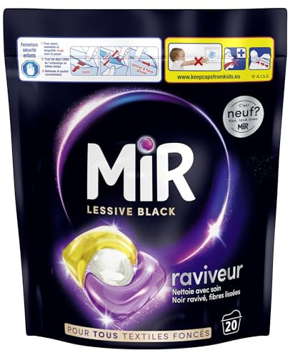 Mir - Lessive Capsules Black -Raviveur - Formule 3en1 -Couleurs - Fibres - Fraîcheur - Nettoie avec Soin - Noir Ravivé - Fibres Lissées - Anti-Bouloche - Pour les Textiles Foncés - Recharge 20 Lavages