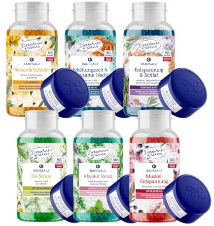 Dresdner Essenz Badesalz-Set mit 6 x 600g | Absolut Relax, De-Stress, Muskel-Entspannung, Rücken & Schulter, Erkältungszeit & Erholsame Nacht, Entspannung & Schlaf | mit magnesiumhaltigem Epsom-Salz