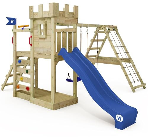 WICKEY Spielturm Ritterburg GateFlyer mit Schaukel & Blauer Rutsche, Outdoor Kinder Kletterturm mit Sandkasten, Leiter & Spiel-Zubehör für den Garten