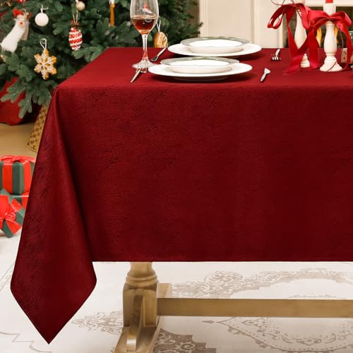 Softalker Tischdecke Weihnachten Rot 140x240 Abwaschbar Jacquard-Wellenmuster Wasserabweisend Abwischbar Fleckschutz rechteckig Tischtuch für Festlich Party Geburtstag Silvester Neujahr Fest Garten