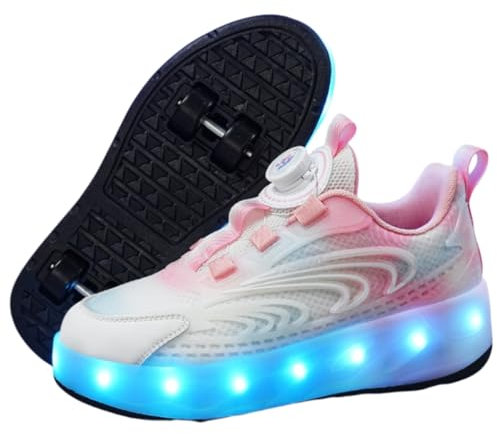 PEIHUODAN Schuhe Mit Rollen Für Jungen Und Mädchen, Unisex-Rollschuhschuhe Für Kinder Mit 4 Rollen, 2-in-1-Roller-Multifunktions-Skateboardschuhe (31EU,Pink and White)