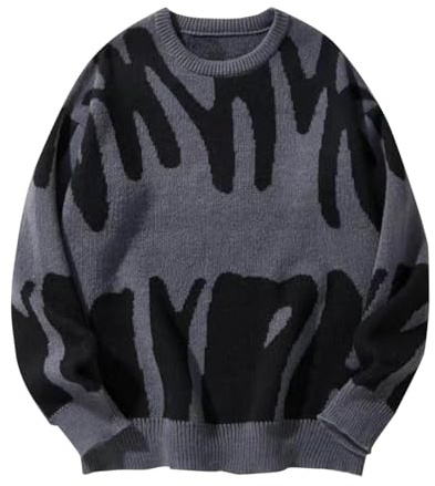 Winter Jumpers for Men UK Knitted Pullover Vintage Print Loose Sweater Cable Knit Jumper Long Sleeve Soft Warm Knitwear Crewneck Sweaters for Men Soft Touch Classic Style Round Neck Sweatshirt Fashion