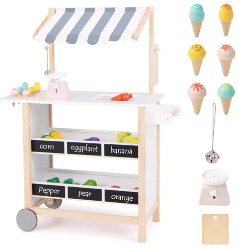 Maxmass Pretend Play Ice Cream Cart, Kids Dessert Shop Trolley with 6 Pcs Play Toy, Bell, Produce Scale & Chalkboard and 2 Wheels, Wooden Children Grocery Store for 3+ Year Old (Grey Canopy)