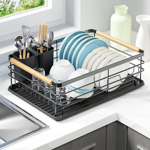 Warmiehomy Black Dish Drainer Rack Dish Drying Rack Draining Board Rack | Draining Racks for Kitchen Sink, Sink Drainer Rack with Removable Cutlery Holder, Black Draining Board with Drip Tray