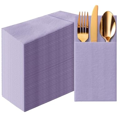PAW - Linen Feel Napkins with Built-in Flatware Pocket, Airlaid Paper Pre-Folded Napkins for Silverware, Wedding Party, Dinner, Birthday, Gatherings, Monocolor Violet, 50 Count