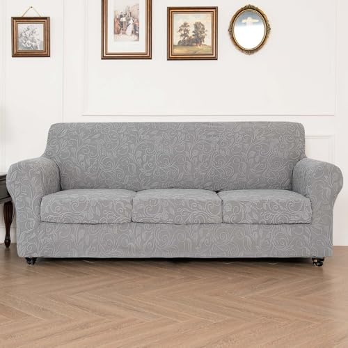 OKYUK Copridivano elasticizzato a 3 posti, 4 pezzi, con cuscini e schienali separati, tessuto jacquard spandex, protezione per mobili per la casa elegante e alla moda (grigio chiaro, 3 posti)