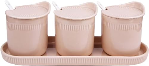 Azucarero tricolor de cerámica con tapa y cuchara, bote de condimentos rosa para almacenamiento de cocina, tarro de 300 ml
