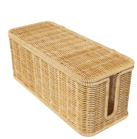 Generisch Kabelbox | Rattan Kabel Management Box Mit Deckel, Wasserdicht Kabelmanagement Box, Kabel Aufbewahrungsbox, Überspannungsschutz Für Kabel Steckdosenleisten, Gelb, 31 x 12,5 x 13 cm