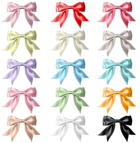 Schleifen, Geschenkschleifen Selbst Klebend, Bunt Satinband Schleife, Ribbon Kleine Schleifen, Mini Satinschleifen für DIY, Handwerk, Geschenktüten, Snacktüten, 15 Stück, 8cm Breite