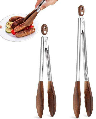 Wooden Tongs for Cooking & Serving Food, Stainless Steel Salad Tongs with Walnut Wood Tip, Anti-Slip Long Handle Wooden Kitchen Tongs Heat Resistant, Smooth Locking & Hanging Cooking Utensils Set of 2