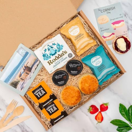 Cornish Hampers & Gifts Afternoon Tea Hamper For 2 – Deluxe Tea Set Hamper Gifts for Women Includes Fresh Scones, Biscuits – Elegant Packaging Gift Special Occasions