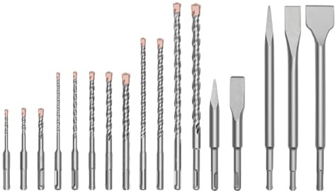 hsawbit 17-Piece SDS Plus Drill and Chisel Set, SDS Masonry Drill Bit Hammer Drill Bit for Concrete, Brick, Cement, Stone and Masonry