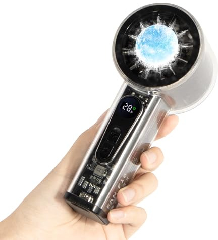 Oramuon Handventilator mit Eiskühler, Tragbarer Ventilator mit 5000mAh Akku, 6 Geschwindigkeiten,Hochgeschwindigkeits Turbo Fan, Transparentes Gehäuse, Ideal für Reisen, Konzerte, Outdoor, Schwarz