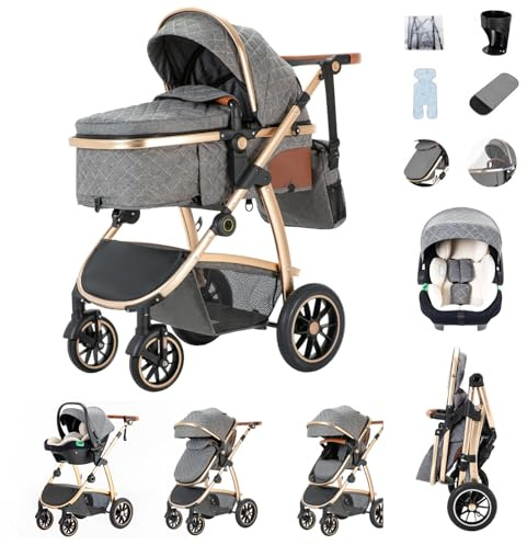 Zkiprm 3-i-1-barnvagn, resesystem med bilstol, barnvagn och liggdel, justerbara armstöd, regnklädsel, myggnät, aluminiumram, gatubarnvagn för barn 0–4 år, Under grå