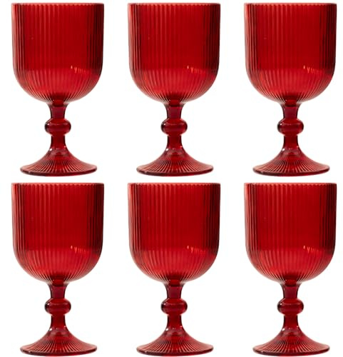 Red Vintage Wine Glasses Set of 6, 11 Ounces Colored Glass Water Goblets, Unique Embossed Pattern High Clear Stemmed Glassware Wedding Party Bar Glass Drinking Cups Fancy Glasses Hand Wash Only