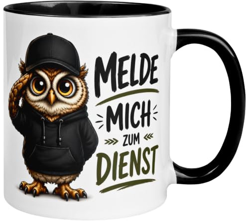 Morgenmuffel Tasse | Melde mich zum Dienst | Eulen Motiv Geschenk Becher