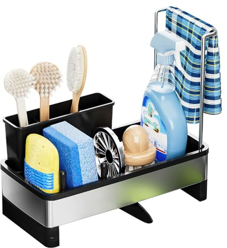 OurLeeme Kitchen Caddy Sink Organiser - Black Sponge Holder with Auto Drain Tray, Detachable Dish Brush & Cloth Hanger, Countertop Storage Rack for Washing Up Accessories, Sinkware Tidy