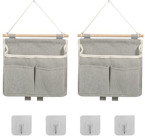 2 pezzi organizer sospeso cotone, tasche portaoggetti da parete, organizer da appendere, grigio, pieghevole, con 4 ganci, per casa, ufficio, bagno, soggiorno