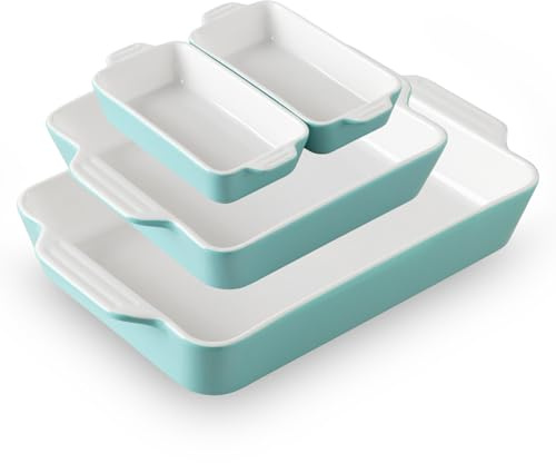 Sweejar Home Ceramic Bakeware Set of 4, Casserole Dishes for Oven, Rectangular Baking Dish with Handles, Lasagna Pans Deep for Cooking, Gratin, Roasting, Banquet and Daily Use(Turquoise)