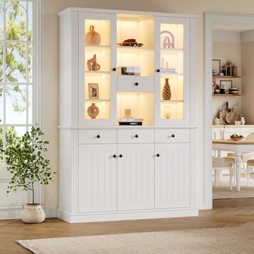 Merax Vitrinenschrank mit LED, Modern Bücherschrank Standvitrine mit Transparente Vitrine aus Glas, 5 Türen 4 Schubladen, Offene Fächer, Highboard Sammlervitrine für Wohnzimmer Büro Esszimmer, Weiß