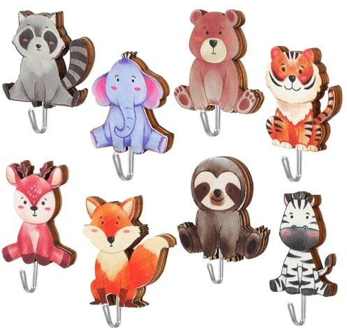 XLIUAX Lot de 8 crochets muraux en bois - Motif animal mignon - Couleur : éléphant, lion, renard, petit ours - Pour chambre à coucher, salle de bain, cuisine