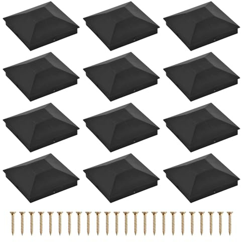 Lot de 12 Capuchons Poteau de Clôture 9x9 cm, En Plastique Noir, Bois Poteaux de Terrasse, Avec Vis de Montage, Étanches et Antirouille, Chapeaux Carrés Protection pour Clôtures Ponts