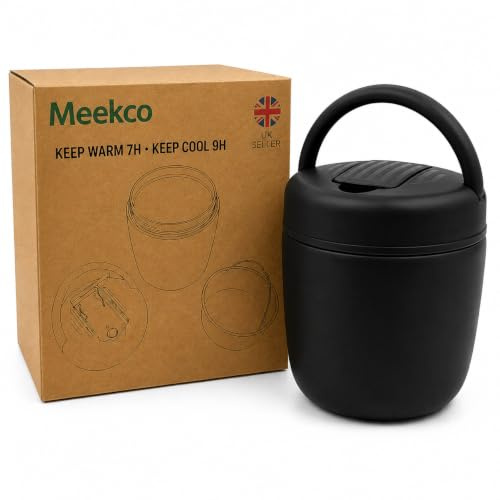 Meekco 1200ml Insulated Food Jar with Foldable Spoon, Black | Vacuum-Insulated Stainless Steel Food Jar with Two Tiers, Double-Wall Thermal Design, Leakproof Lid and BPA-Free Parts