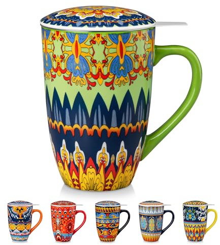 vancasso KRVI Taza de Infusiones con Tapa y Filtro - 540ml, Taza de Té de Porcelana, Mug Grande Perfecto para Té, Café y Regalos, Apto para Lavavajillas y Microondas – Estilo Bohemio 01