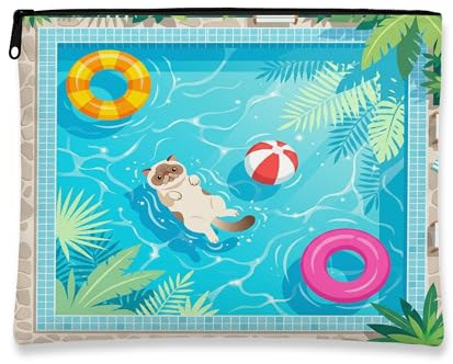 Short-haired Cats Makeup Bag, Cute Pool Lifebuoys Tropical Cosmetic Travel Pouch for Women Girls, Portable Small Canvas Zipper Organizer, Pet Toiletry Bag 7x9 Inch