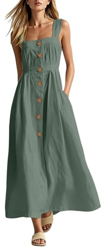 Maxi Dresses for Women UK, Cotton Linen Strap Summer Dress Casual Square Neck Sleeveless Button Front Shirt Dress A Line Flowy Long Sundress with Pockets for Beach Vacation Travel Green