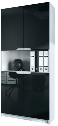 Vladon Büroschrank Logan V2, Made in Germany, Aktenschrank mit 5 Fächern und 4 Türen, Weiß matt/Schwarz Hochglanz (82 x 184 x 37 cm)