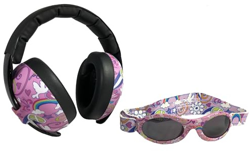 Banz Orejeras y protección auditiva y lentes de sol combinados para bebés y niños pequeños 0-2 años Doodle de color rosa