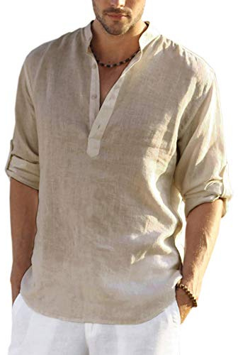 COOFANDY Men's Cotton Linen Henley T-Shirts Long Sleeve Hippie Casual Beach T-Shirts