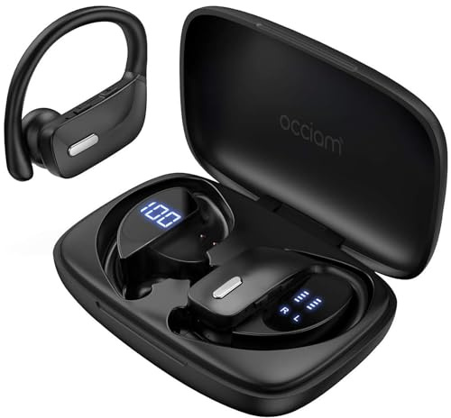 occiam Sport Wireless Earbuds Bluetooth Headphones 80hrs Playtime Deep Bass Ear Buds with Earhook Noise Cancelling Mic Waterproof Earphones for Workout Running Matte Black