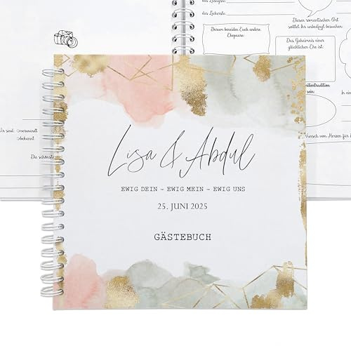 Feenstaub Gästebuch Hochzeit mit Fragen zum Ausfüllen, Ringbuch personalisiert, 25x25 cm, Spiralbindung, Hochzeitsgästebuch rosa, gold, Hochzeitsalbum