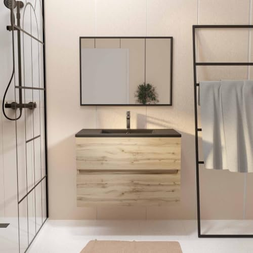 AURLANE Pack Meuble SDB 80cm Suspendu 2 tiroirs Chene_Vasque Noire + Miroir - Timber 80_Pack11