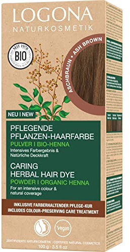 LOGONA Naturkosmetik Pflegende pflanzliche Haarfarbe, Veganes Haarfarbe-Pulver mit Bio-Henna für intensive Farbe und Glanz, Pflanzenhaarfarbe in Aschbraun (Braun), 1 x 100g